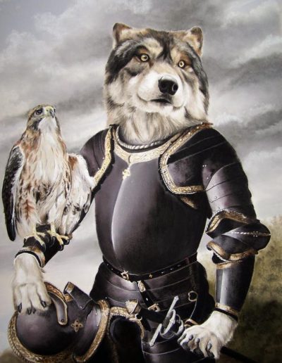 loup habillé chevalier et faucon