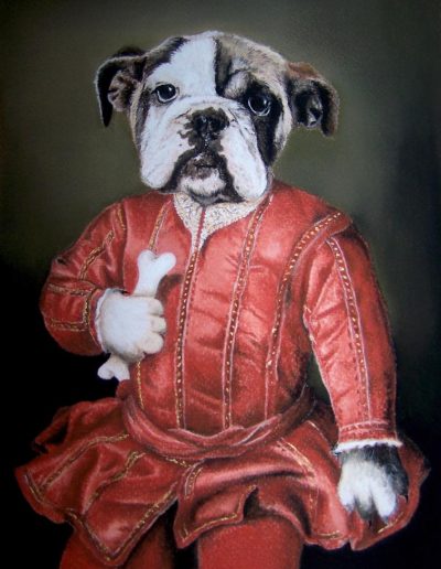bouledogue en costume rouge